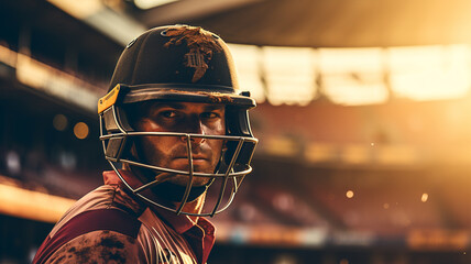 Closeup of a cricket sports player wearing cricket helmet with blurred stadium background