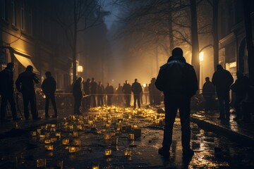 Fototapeta premium Police investigators crowded around caution tape, Police Line, Crime Scene.
