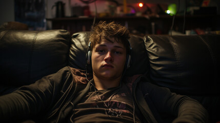 Obraz premium teen sitting on the couch in a dark room