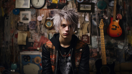 Fototapeta na wymiar editorial portrait of teenage punk with guitar