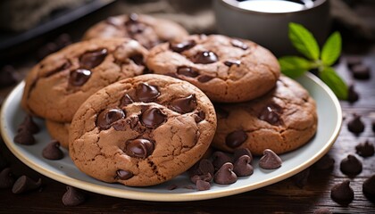 Fototapeta premium Decadent chocolate chip cookies with generous chocolate chips, beautifully arranged on a plate