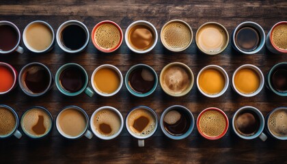 Variety of coffee mugs arranged on a rustic wooden table, captured from an overhead perspective