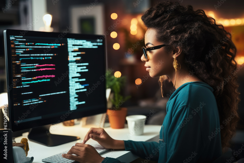 Leinwandbilder African American woman programing developer checking website design in coder network information at work space.