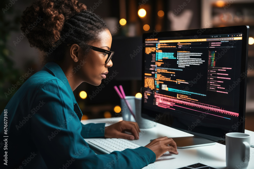 Poster African American woman programing developer checking website design in coder network information at work space.