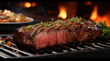 Sizzling steak, Grill marks, Juicy medium rare.
