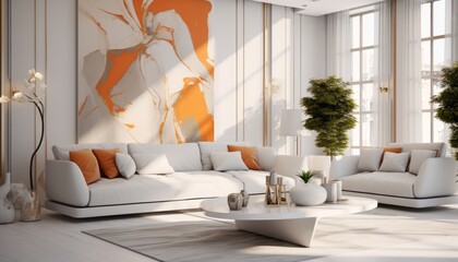 Luxurious gold toned modern living room interior with exquisite artwork adorning the wall