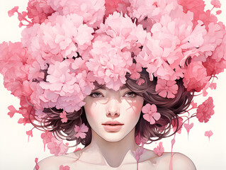 Illustration retro colorful portrait of a beautiful woman with flowers on the head, white background 