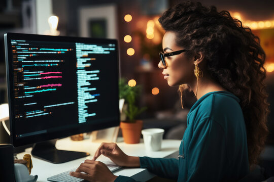 African American woman programing developer checking website design in coder network information at work space.