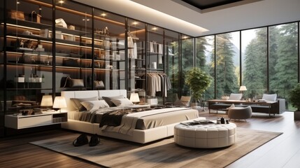 A modern master room in white and gray, Closet with dark glass.