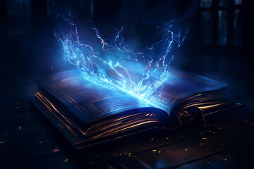 Magic glowing book, concept of storytelling and fantasy reading - obrazy, fototapety, plakaty