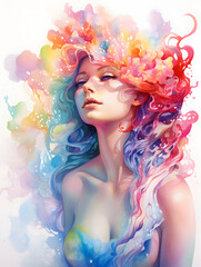 Fototapeta premium Watercolor illustration of a beautiful woman with colorful long hair 