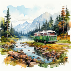 watercolor Camping Summer Mountain clipart, Generative Ai