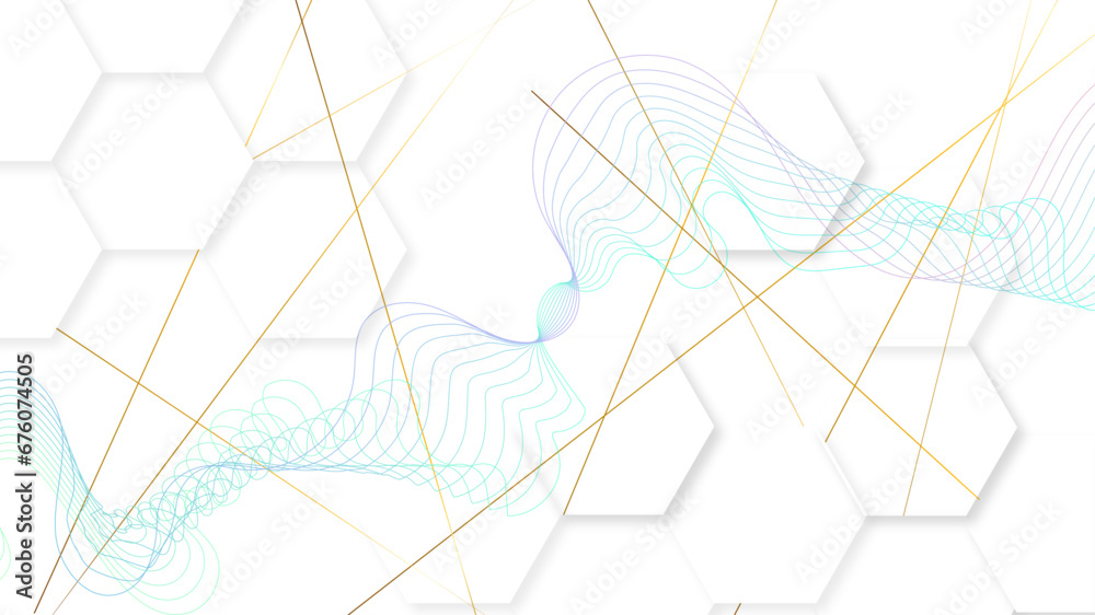 Poster abstract white background with hexagonal honeycomb shape golden line stroke and gradient line blend.