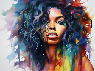 Colorful watercolor illustration of a beautiful Afroamerican woman 