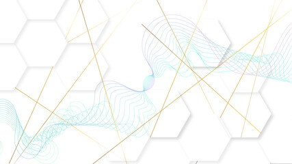 Abstract white background with hexagonal honeycomb shape golden line stroke and gradient line blend. 
