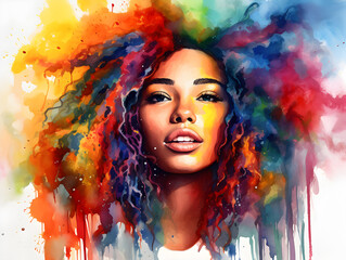 Colorful watercolor illustration of a beautiful Afroamerican woman 