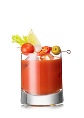 Classic hot bloody mary cocktail mix with vodka and tomato juice on white background.
