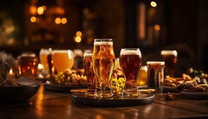 a lively brewery pub restaurant friends enjoying happy hour with laughter and camaraderie