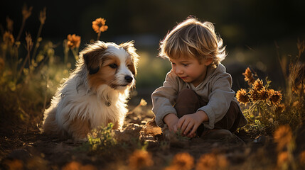 Junge teilt einen stillen Moment mit seinem Hund, umgeben von goldener Abendsonne und leuchtenden Blumen - obrazy, fototapety, plakaty