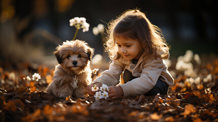 Mädchen teilt einen stillen Moment mit ihrem Hund, umgeben von goldener Abendsonne und leuchtenden Blumen - obrazy, fototapety, plakaty