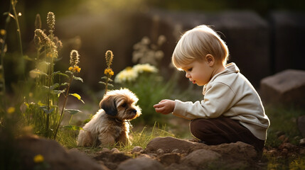 Junge teilt einen stillen Moment mit seinem Hund, umgeben von goldener Abendsonne und leuchtenden Blumen