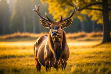 Portrait of the Wild Elk Deer With Antlers in the Autumn Colored Forest. Wild Nature Reserve, Wildlife Sanctuary. Wild Wapiti on Sunny Day. Beautiful Animal in the Natural Habitat. Wild Stag