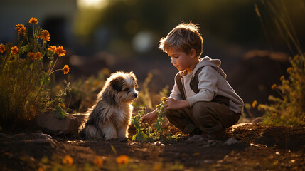 Junge teilt einen stillen Moment mit seinem Hund, umgeben von goldener Abendsonne und leuchtenden Blumen - obrazy, fototapety, plakaty