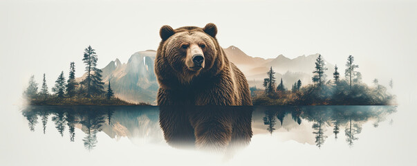 Wild grizlly bear in the forest for t-shirt printing . - obrazy, fototapety, plakaty
