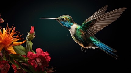 Fototapeta premium a colorful hummingbird hovering over a bunch of flowers and a vase with red and yellow flowers in front of a black background. generative ai