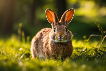 Fototapeta premium Portrait of the Wild Rabbit in the Green Meadow. Wild Nature Reserve, Wildlife Sanctuary. Wild Hare in Sunny Day. Beautiful Animal in the Natural Habitat. Wild Bunny.