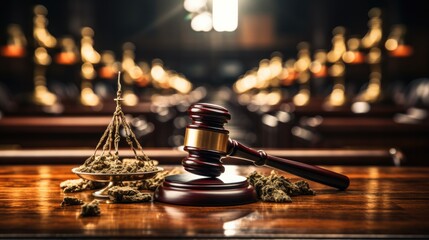 A judge's gavel sitting on top of a wooden table with marijuana leaf, Legalization of cannabis. - obrazy, fototapety, plakaty