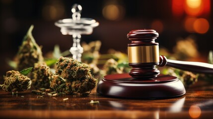 Obraz na płótnie Canvas A judge's gavel sitting on top of a wooden table with marijuana leaf, Legalization of cannabis.