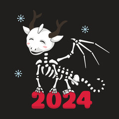 Dragon skeleton. Christmas cartoon, cute character in simple style.  Concept of scary Christmas. Happy New Year party. Vector Illustration.