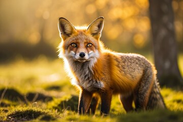 Fototapeta premium Portrait of the Wild Fox in the Autumn Colored Forest. Wild Nature Reserve, Wildlife Sanctuary. Vulpes Vulpes. Orange Fox in Sunny Day. Beautiful animal in the Natural Habitat.