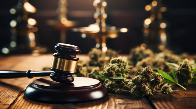 A judge's gavel sitting on top of a wooden table with marijuana leaf, Legalization of cannabis.