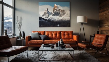Contemporary living room interior in sleek black tones with captivating wall art decorations