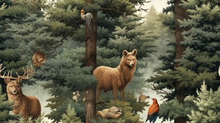 a painting of a forest with deer, birds, and a bird sitting on a tree in the foreground.  generative ai