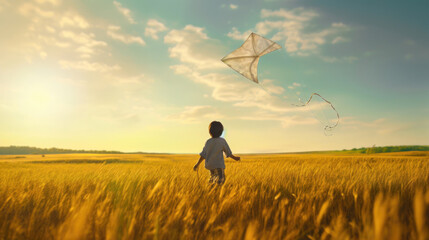 Naklejka na ściany i meble Boy flying a kite in a field, enjoying freedom and adventure