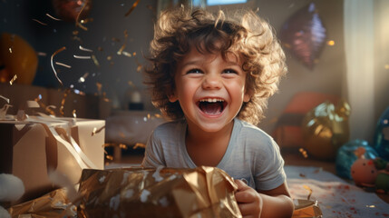 cute curly haired kid unwraps his birthday present