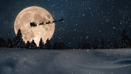 Santa Claus in a sleigh with reindeer flies over the earth in the night starry sky with an amazing...