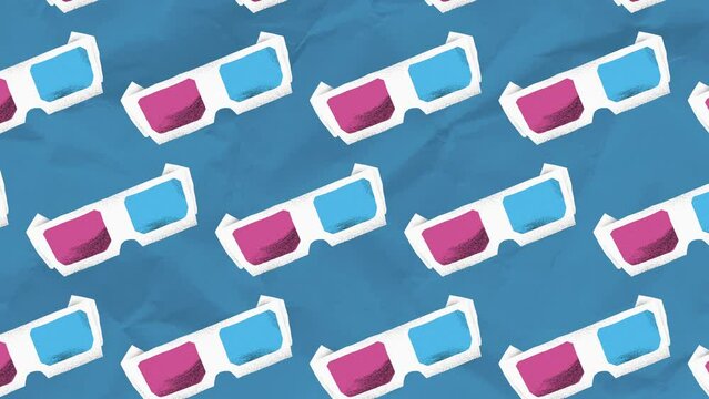 Animated pattern of hand-drawn 3d cinema glasses. Modern collage style. 4K animated video. Stop motion.