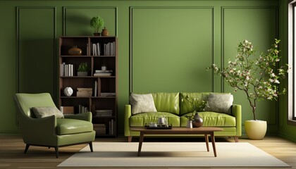 Contemporary living room interior with green tone colors and artwork adorning the wall