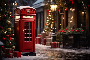 Telephone box in Christmas time - obrazy, fototapety, plakaty