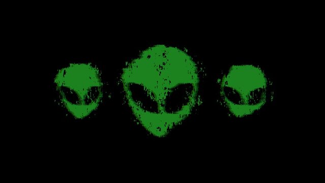 Alien heads on black background. Glitch effect. 4K animated video.