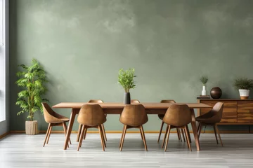 Fotobehang Modern mid century style dining room with wooden dining table and chairs against green wall. Minimal Scandinavian home interior design © samael334
