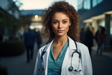 A female doctor standing outside the hospital.