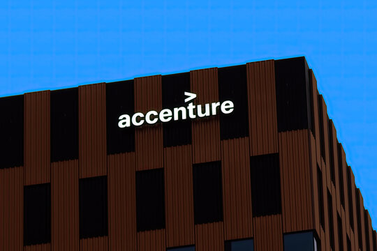 Accenture logo on the facade of multinational business management consultant company. Gdynia, Poland - September 29, 2023