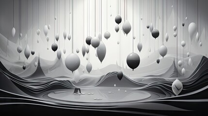  a black and white photo of a group of balloons floating over a body of water with mountains in the background.  generative ai