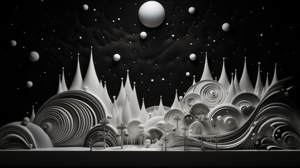  a black and white photo of a landscape with a lot of white balls floating in the air and trees in the foreground.  generative ai