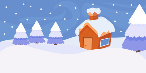 Cozy little house in winter forest. Winter landscape. Vector illustration. Country house.